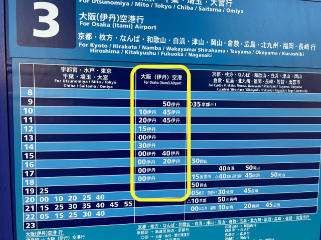 USJから伊丹空港へのリムジンバスの時刻表の写真